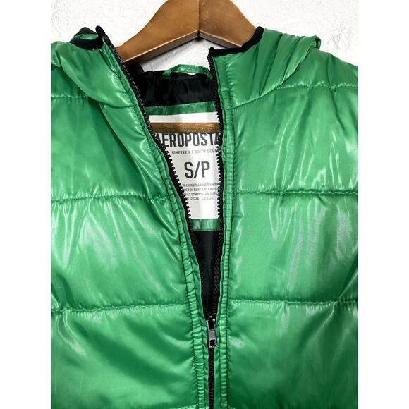 Aeropostale Puffer Vest Sleeveless Jacket Green Hooded BLack S - Picture 3 of 4